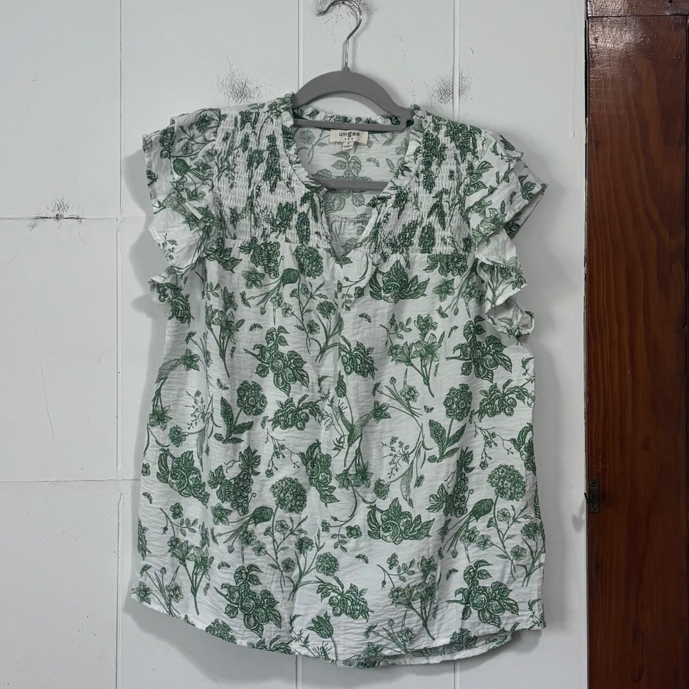 Umgee Green Floral Toile Smocked Ruffle Flutter Sleeve Blouse Womens Small